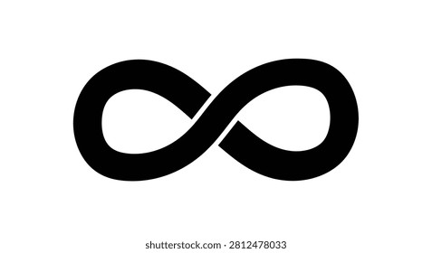 Clean minimalist black infinity symbol on white background representing eternity and limitless possibilities. Ideal for scientific mathematical or spiritual graphic design projects.
