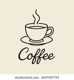 Uma ilustração de arte de linha preta minimalista limpa de uma xícara de café fumegante em um pires, com a palavra 'Café' no script elegante abaixo, definido contra um fundo bege claro.