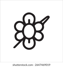 A clean and minimalist black outline icon of a six-petal flower with a stem on a white background. Perfect for nature, spring, garden, or decorative design elements.
