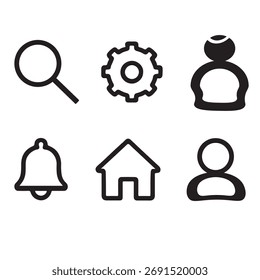 Clean minimalist black outline UI icon set featuring search, settings, user, bell, and home symbols. Designed with smooth geometric lines and a modern flat vector style, 