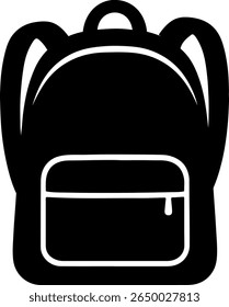 A clean, minimalist black silhouette of a backpack. This iconic representation features a main compartment, a front pocket with a zipper detail, and shoulder straps.