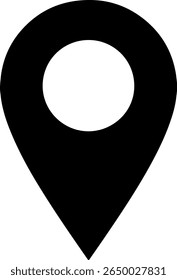 A clean, minimalist black silhouette of a location pin. The distinctive silhouette style features a circular head with a pointed tail, commonly used for maps and navigation.