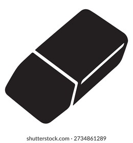 Ein sauberes und minimalistisches schwarzes Vektorsymbol eines Radiergummis oder Gummis aus der Schule, dargestellt in einer 3D-Perspektivansicht. Diese flache Designgrafik eignet sich perfekt für Schreibwarenkonzepte, Bürobedarfssymbole oder Bildungs-Grafiken.