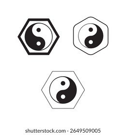 Ilustração de vetor preto minimalista e limpo de um símbolo yin-yang dentro de um contorno de hexágono. Perfeito para uso em logotipos, marcas, temas espirituais ou filosóficos.