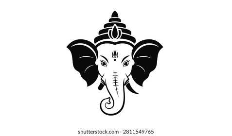 A clean minimalist black and white graphic illustration featuring the head of the Hindu deity Lord Ganesha with a stylized crown and traditional markings.