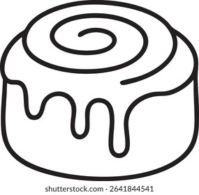 A clean, minimalist black and white line drawing of a cinnamon roll with icing dripping down the side.