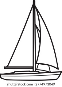A clean minimalist black and white line art illustration of a sailboat with a mast and two sails, isolated on a white background for nautical and maritime themed coloring or design projects.