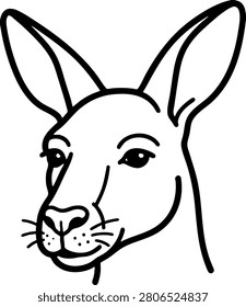 A clean and minimalist black and white line art illustration of a kangaroo's head. This versatile vector graphic is ideal for logos, icons, educational materials, or coloring book designs.