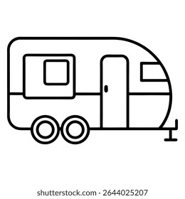 Um limpo, minimalista preto e branco esboço ilustração de um camping viagem trailer, perfeito para transmitir temas de camping, viagem e aventura.