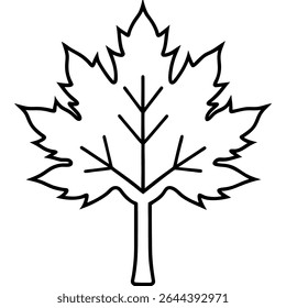A clean, minimalist black and white outline vector depicts a single maple leaf, perfect for a variety of design projects.