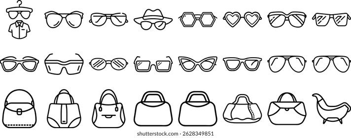A clean minimalist black and white set icon design featuring eyewear handbags and clothing elements