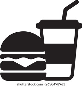 A clean, minimalist black and white silhouette illustration showcases a hamburger and drink icon, perfect for fast food branding. 