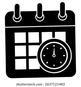 A clean, minimalist black and white vector icon combines a calendar with a clock, effectively symbolizing time management and scheduling.