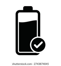 A clean, minimalist black and white vector icon of a battery at half charge with a checkmark symbol, representing full functionality, completed charging, or energy efficiency for app interfaces.