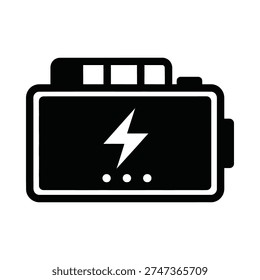 A clean, minimalist black and white vector icon of a rechargeable battery pack featuring a central lightning bolt power symbol and three charging level indicator dots on a white background.