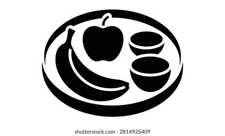 A clean minimalist black and white vector illustration of a healthy fruit breakfast meal arrangement featuring a banana and a round fruit with two small empty bowls placed neatly on a circular plate for a simple modern graphic design element project