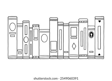 A clean and minimalist black-and-white hand-drawn illustration of books in a row. Perfect for educational, literary, and design projects. Suitable for coloring pages or creative outlines.