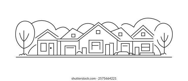  A clean and minimalist black-and-white line art illustration showcasing suburban houses surrounded by trees. Perfect for architectural presentations, real estate marketing, and creative design 