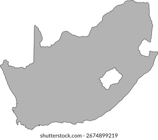 Un mapa de contorno limpio, minimalista y en blanco de Sudáfrica en un color en escala de grises. Ideal para presentaciones profesionales, informes o como un elemento gráfico simple pero elegante.