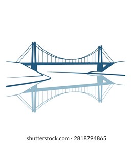 A clean minimalist blue graphic of a suspension bridge with cables and a mirrored reflection isolated on a white background