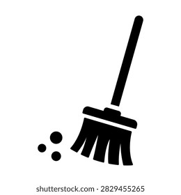 Clean minimalist broom icon with dust particles, representing sweeping, floor cleaning, housekeeping, sanitation, and janitorial services. Ideal for professional cleaning companies, facility management, residential maintenance, commercial services, hygiene materials, and cleaning business branding.