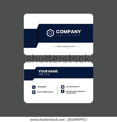 A clean and minimalist business card layout featuring a dark blue geometric accent, contact information placeholders, and a professional corporate style.