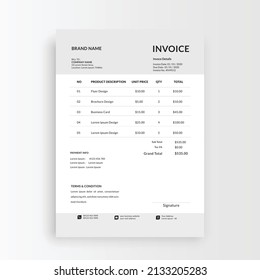 vector de plantilla de factura comercial limpia y minimalista, asiento de recibo, factura de ventas, presupuesto, tabla 