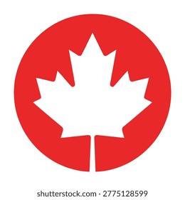 A clean and minimalist Canadian maple leaf icon centered within a vibrant red circle. Perfect for representing national pride, travel, tourism, and cultural identity.