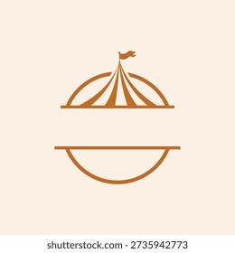 A clean, minimalist circular crest featuring a stylized striped circus tent topped with a flag, bisected by a blank horizontal space designed for custom text, titles, or brand names.