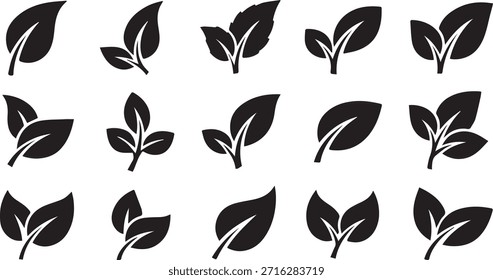 Una Colección limpia y minimalista de iconos de hojas negras para proyectos sostenibles y ecológicos