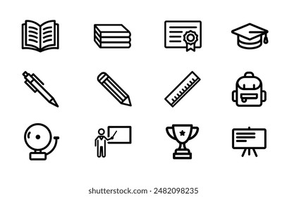 A clean and minimalist collection educational icon set with clean line art of books, diplomas, school supplies, and more. Ideal for academic and instructional materials.