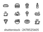 A clean and minimalist collection of food and drink line icons featuring bread, burger, coffee, soda, fruit, ice cream, steak, pizza, salad, and tea. Ideal for use in web design, apps, and menus