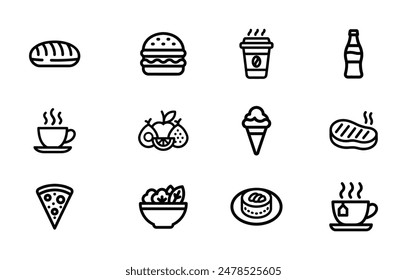 A clean and minimalist collection of food and drink line icons featuring bread, burger, coffee, soda, fruit, ice cream, steak, pizza, salad, and tea. Ideal for use in web design, apps, and menus