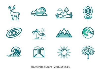 A clean and minimalist collection Nature Icon Set, capturing the essence of the natural world in detailed illustrations.