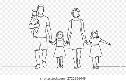 Eine saubere, minimalistische, durchgehende Illustration, in der ein Vater ein Baby, eine Mutter und zwei Töchter Hand in Hand hält.