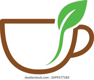 Un icono limpio y minimalista de la taza con una hoja verde integrada en el mango, que simboliza la naturaleza, el respeto al medio ambiente y la sostenibilidad. Perfecto para su uso en té orgánico o marca de café