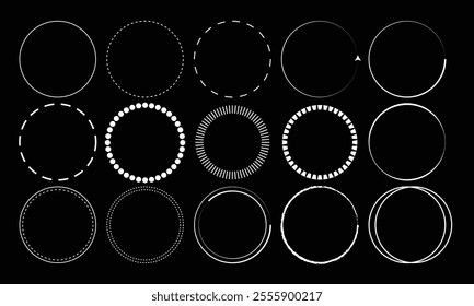 Clean and minimalist dashed circle vector set, ideal for design projects, logos, infographics, and modern layouts. Versatile and high-quality graphics for creative professionals and businesses.