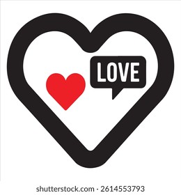 A clean and minimalist design featuring a bold black heart shape with a red inner heart and a speech bubble containing the word LOVE.