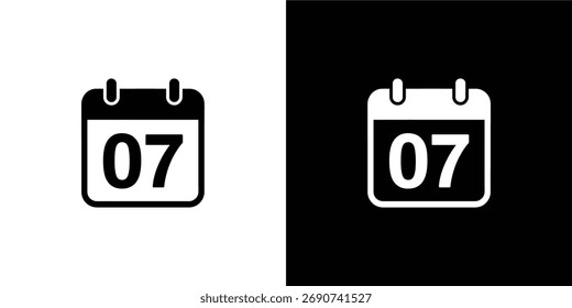Design limpo e minimalista com um ícone de calendário exibindo o número 07, apresentado contra fundos brancos e pretos. Design de vetor para facilitar o dimensionamento.