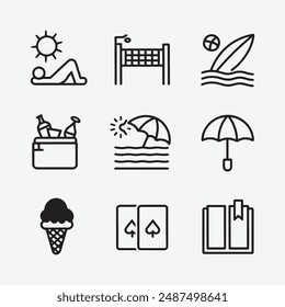 A clean, minimalist design featuring nine separate icons representing various summer activities.