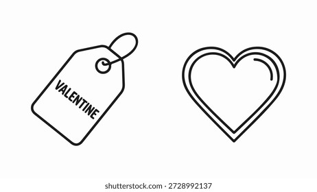 A clean, minimalist design featuring two elements on a white background. On the left, a price tag or gift tag with the word 'VALENTINE' written diagonally in bold, sans-serif capital letters. The tag has a string loop attached at the top. On the right, a stylized heart shape outlined with a double line, representing love and affection. Both graphics are presented in a simple, black and white line art style, suitable for various design and celebratory purposes.