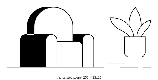 Ein sauberes, minimalistisches Design mit einem modernen Sessel und einer Topfpflanze. Ideal für Wohnkultur, Innenausstattung, Minimalismus, Komfort und Entspannungsthemen. Einfacher schwarz-weißer Vektorstil