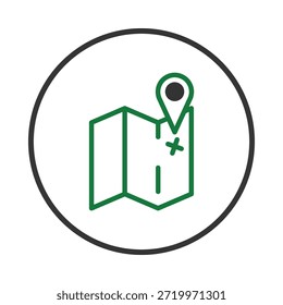 Diseño limpio y minimalista que muestra un icono de mapa con un marcador de punto de alfiler, encerrado en un círculo. Ideal para App o Sitios web enfocados en viajes, navegación o servicios basados en la ubicación que ofrecen