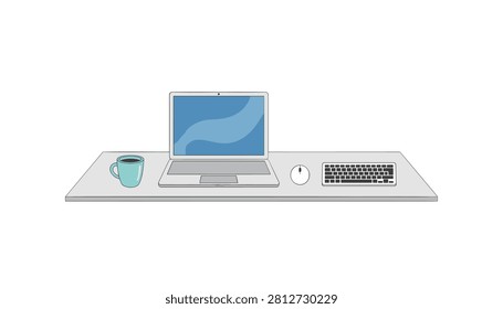 Clean minimalist desk setup featuring a laptop computer, a coffee mug, and a wireless mouse.