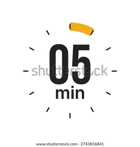 A clean minimalist digital timer icon displaying 05 minutes. The design features a circular clock face with black tick marks and a yellow progress indicator segment at the top. Ideal for representing short durations, cooking times, workout intervals, or quick tasks in business and educational contexts.