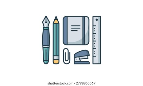 A clean and minimalist flat design icon set featuring essential school supplies including a fountain pen, colored pencil, notebook, paperclip, stapler, and ruler arranged neatly.