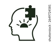 A clean and minimalist flat design vector illustration of a human head profile with a puzzle piece fitting in and a rising sun inside, symbolizing problem-solving, new ideas, and mental clarity.
