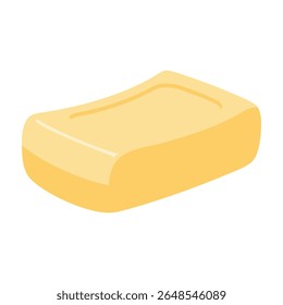 A clean and minimalist flat design vector illustration of a yellow bar of soap with an ergonomic curve, symbolizing hygiene, cleanliness, and personal care. Perfect for bathroom themes.