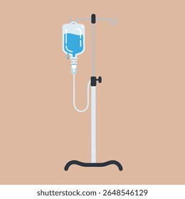 A clean and minimalist flat design vector illustration of an IV drip stand with a fluid bag, symbolizing medical treatment, medication delivery, and patient care. Perfect for clinics, hospitals.