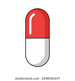 Um vetor de design plano limpo e minimalista ilustração de uma cápsula de medicina vermelha e branca, simbolizando medicação, tratamento e saúde. Perfeito para empresas farmacêuticas.